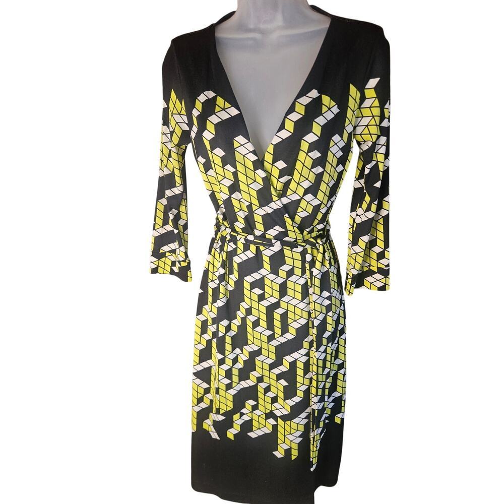 Diane von Furstenberg Wrap Dress Black Yellow White Sz 4 - Picture 2 of 9